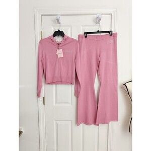 Juicy Couture L Pink Sweater Knit 2pc Set Zip Hoodie Wide Leg Pants NWT
